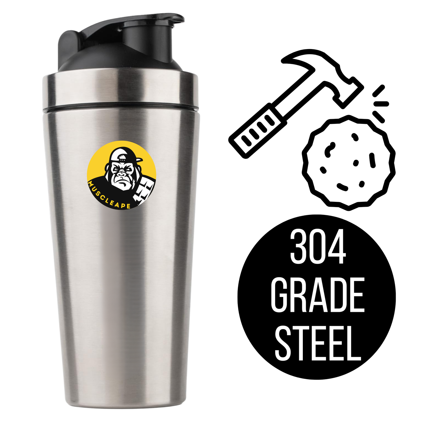 Muscleape Stainless Steel Shaker Bottle For Gym Silver 100% Leakproof Guarantee, Ideal For Protein, Pre Workout, Bcaas & Water Bpa Free Material, 750 milliliter. | | Muscleape