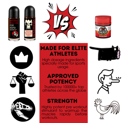 Product advertisement with two bottles, a red container, and various icons on a white background.
