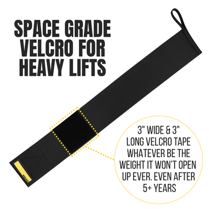 Black velcro strap with text highlighting its durability and features on a white background