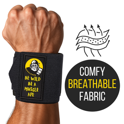 Black wrist wrap with a logo and text on a wrist, next to 'Comfy Breathable Fabric' text.