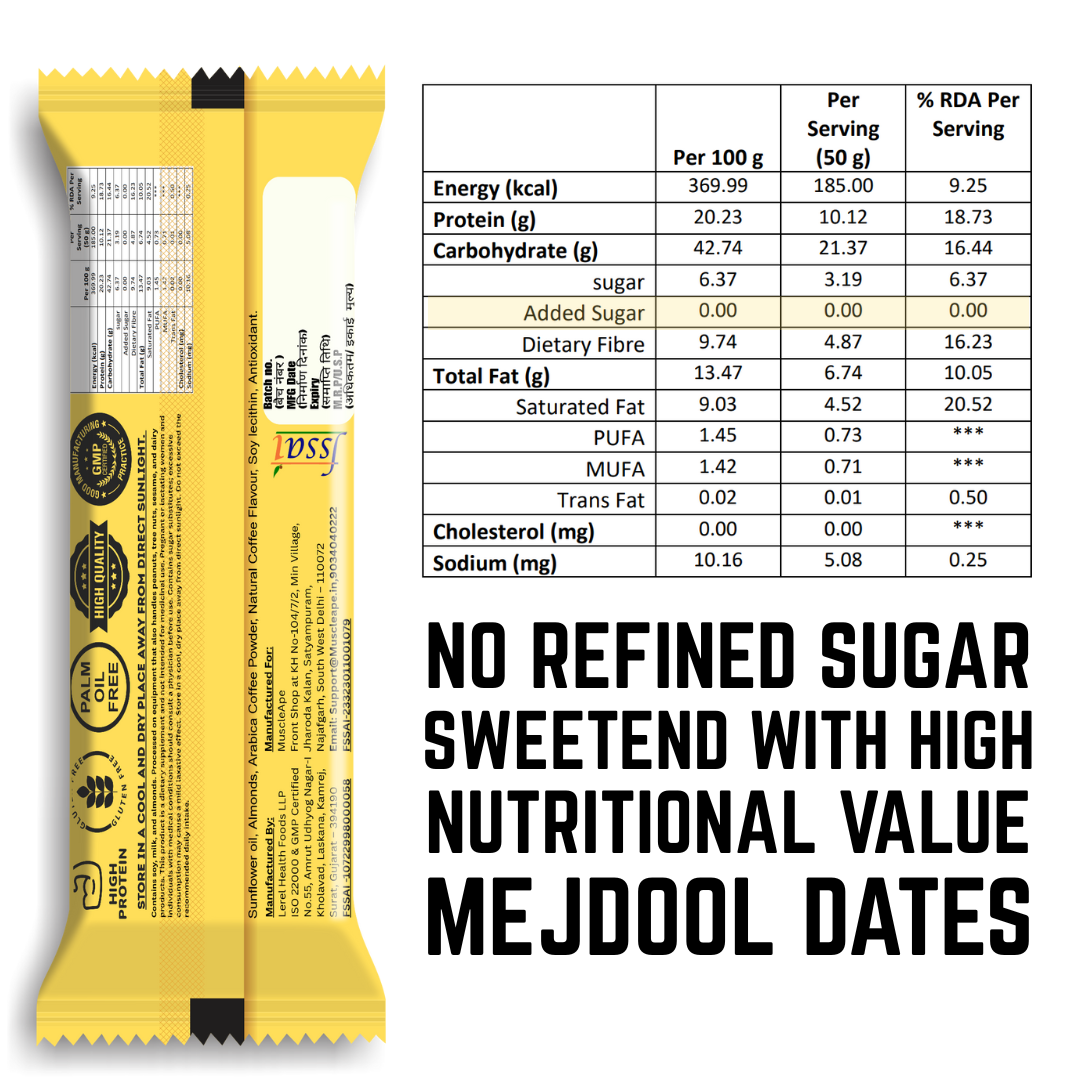 Muscleape Café Mocha Protein Bar – 10g Protein, Dates-Sweetened, Low Sugar, Prebiotics & Nuts