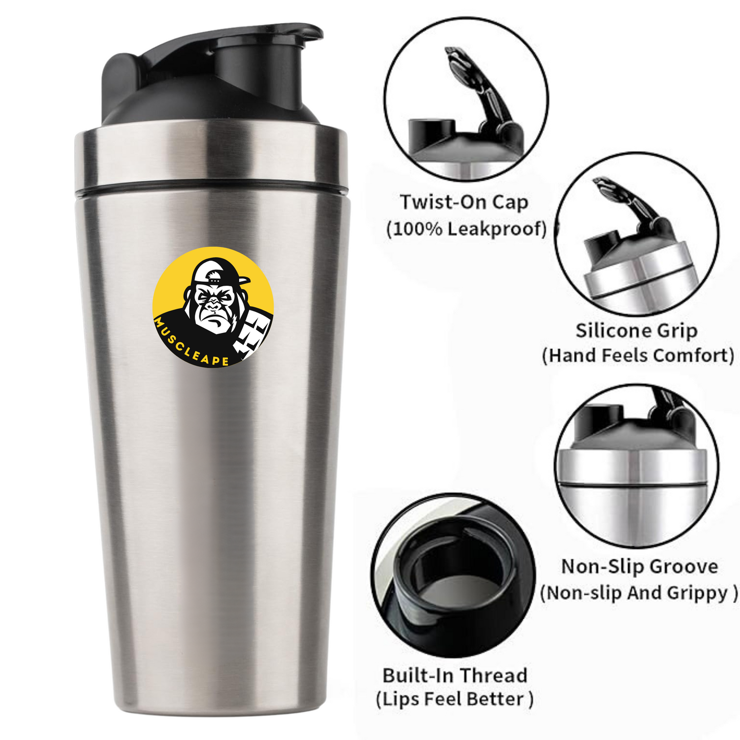 Muscleape Stainless Steel Shaker Bottle For Gym Silver 100% Leakproof Guarantee, Ideal For Protein, Pre Workout, Bcaas & Water Bpa Free Material, 750 milliliter. | | Muscleape