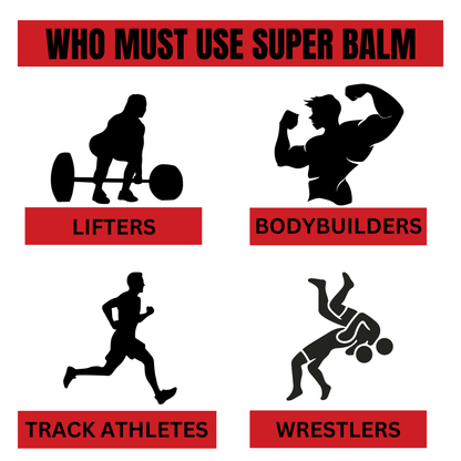 Illustrations of different athletes with labels for those who must use super balm.