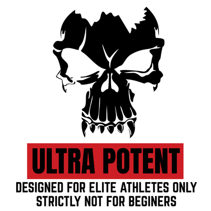 Black skull design with 'Ultra Potent' text on a white background