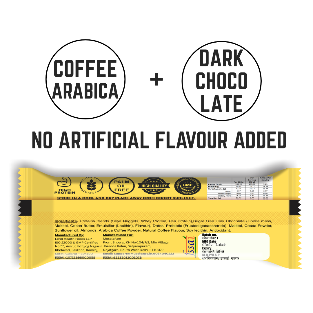 Muscleape Café Mocha Protein Bar – 10g Protein, Dates-Sweetened, Low Sugar, Prebiotics & Nuts