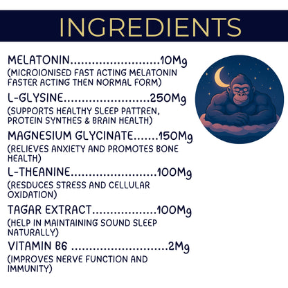 List of ingredients with their quantities and effects, featuring a gorilla illustration on a blue background.
