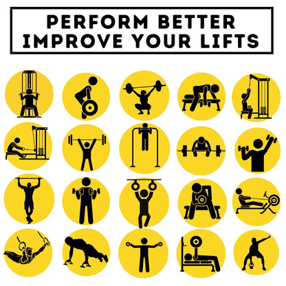 Set of black silhouette icons of gym exercises on yellow circles with text 'Perform Better Improve Your Lifts'.
