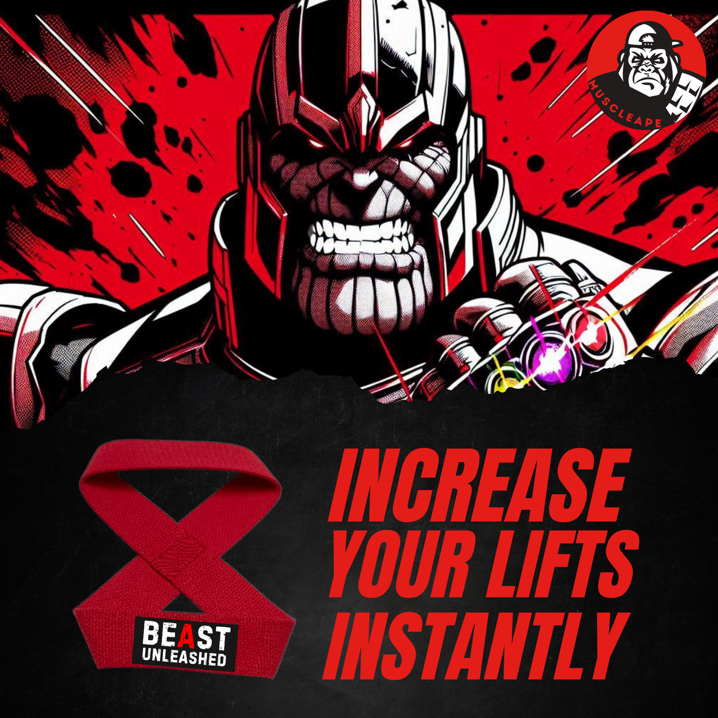Muscleape Weight Lifting Straps Wrist Supporter Non-Slip with Padded Cuff (figure 8 straps) Red Beast Mode. | | Muscleape