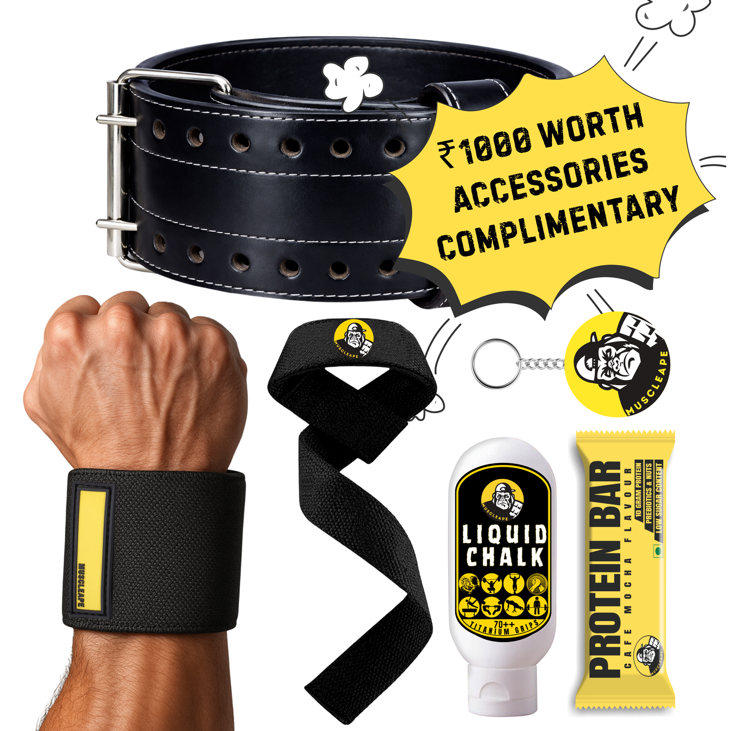 Muscleape Weight Lifting Belt for Men & Women, Black Harness Leather Gym Belt with Suede Back Support, Double Prong Buckle, 6 mm Thick 4 Inch Wide for Weightlifting, Powerlifting, Deadlift & Strength Training
