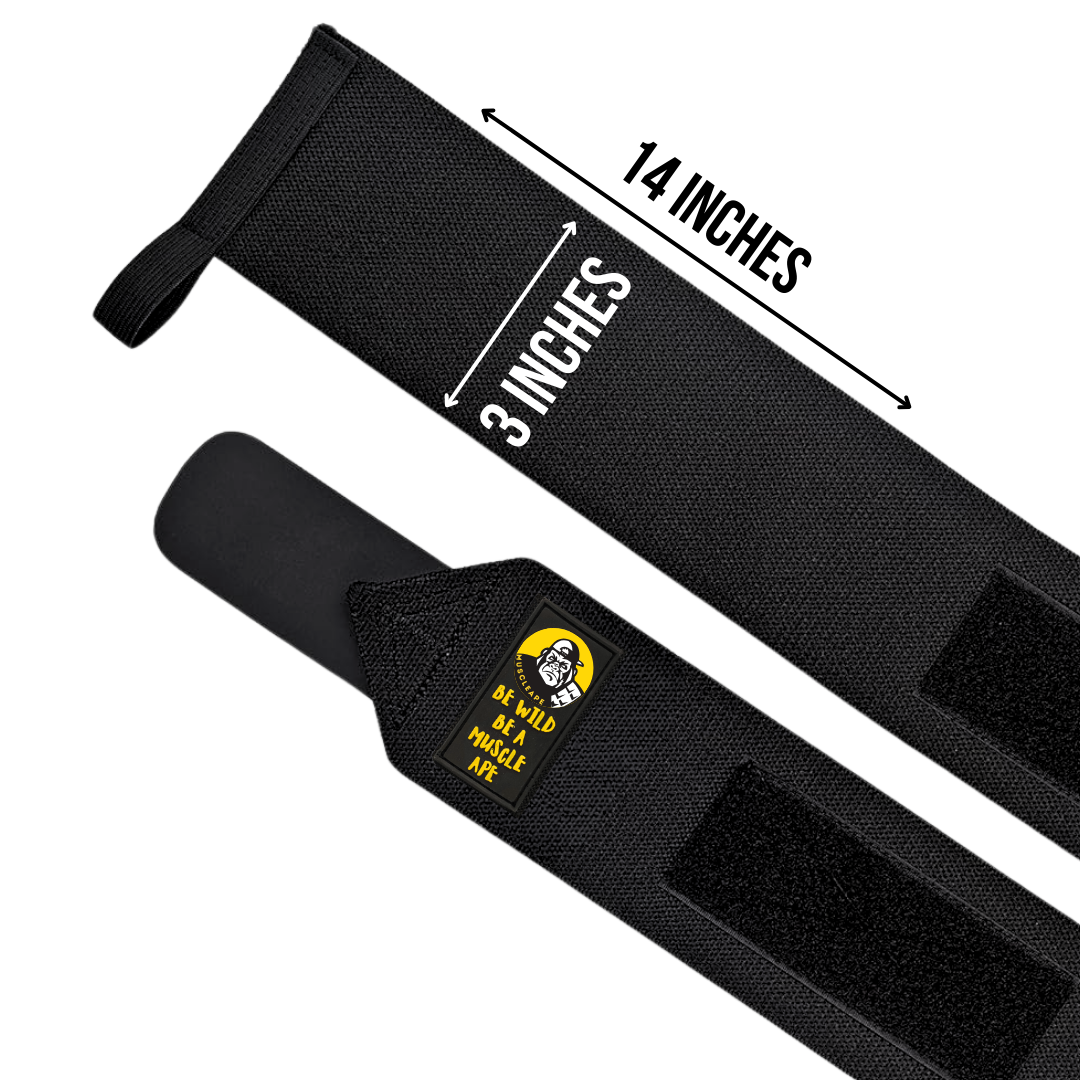 Muscleape Original Black Wrist Wraps for Weightlifting – Adjustable Gym Wrist Support with Thumb Loop– Flexible Lifting Straps for Men & Women – Powerlifting, Bench Press, CrossFit & Other Sports. | Powerlifting Wrist Support Gym | Muscleape