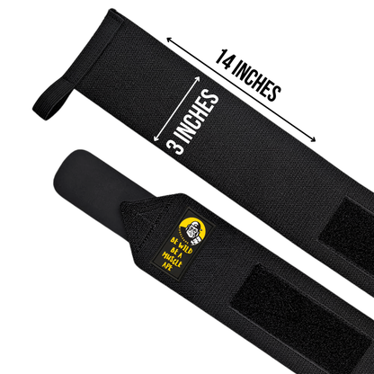 Black wrist wraps with measurement details on a white background