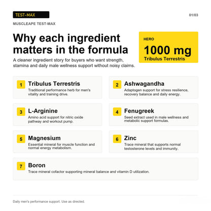 Product label for MUSCLEAPE TEST-MAX with ingredients listed and their benefits.