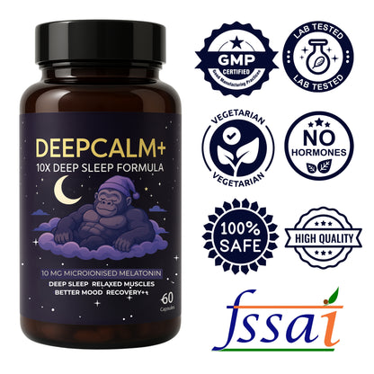 Bottle of DeepCalm+ supplement with certification logos on a white background