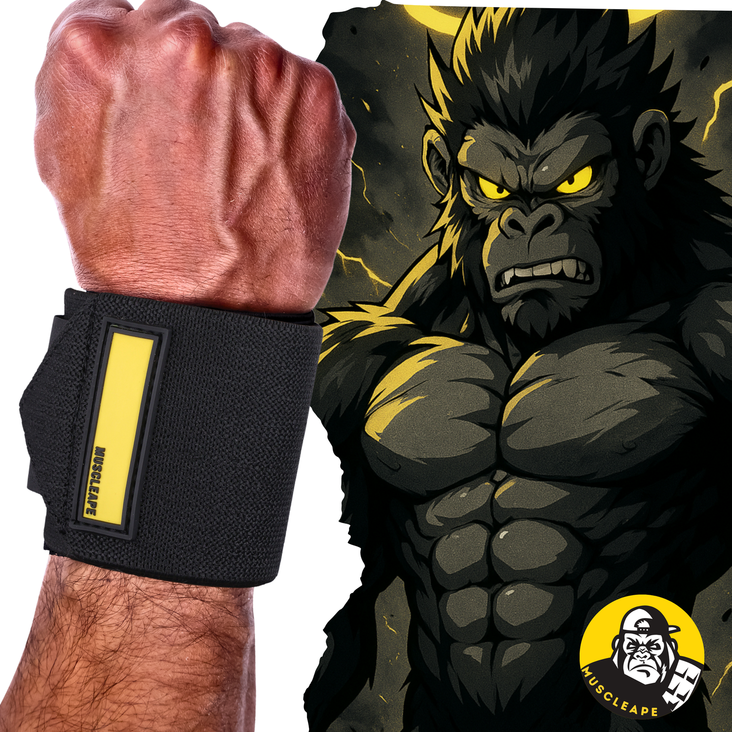 Muscleape Black Wrist Wraps for Weightlifting – Adjustable Gym Wrist Support with Thumb Loop– Flexible Lifting Straps for Men & Women – Powerlifting, Bench Press, CrossFit & Other Sports. | Powerlifting Wrist Support Gym | Muscleape