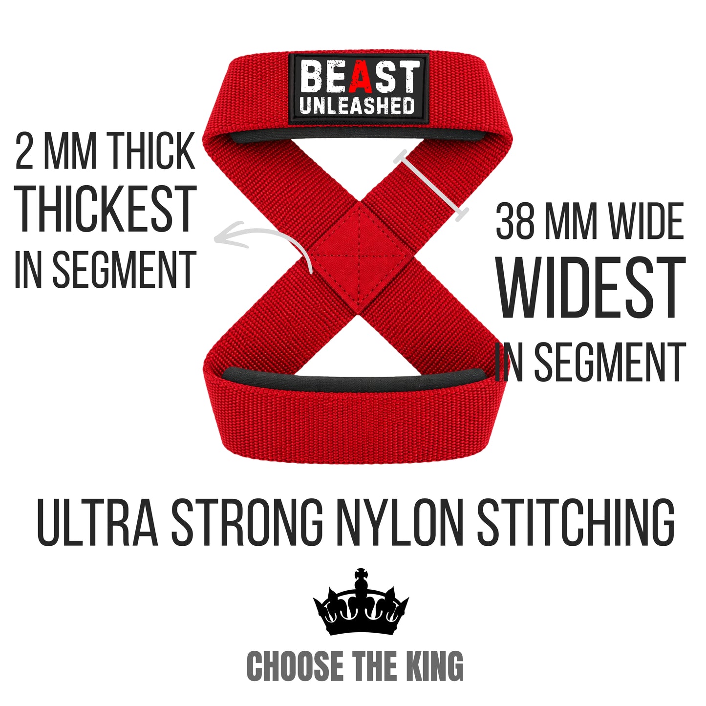 Red cross-shaped athletic support band with black trim and a black brand patch reading 'BEAST UNLEASHED' on a white background, surrounded by text callouts about thickness, width, and nylon stitching, plus a crown logo and 'CHOOSE THE KING' text.