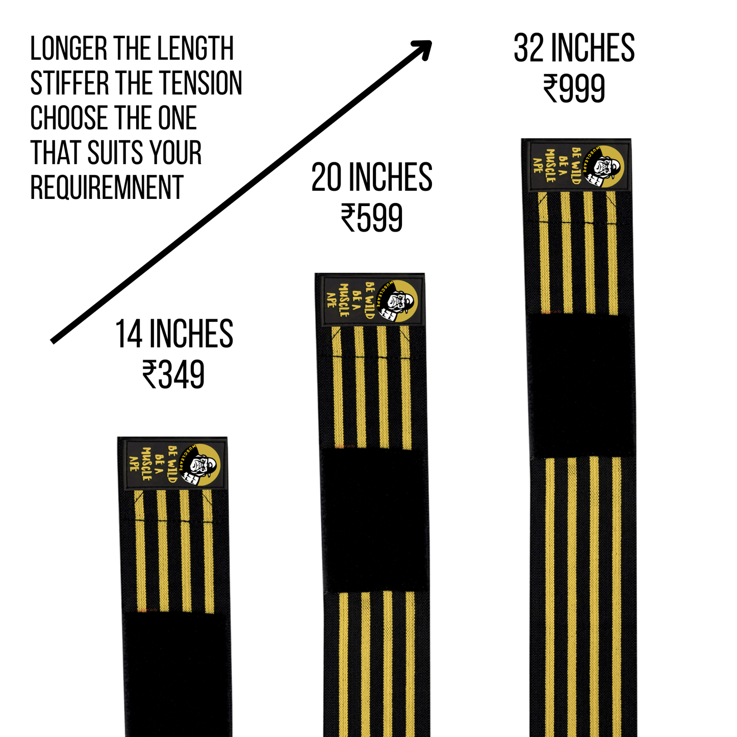 Three black wrist support tension bands with gold metal strips shown in different lengths (14 inches, 20 inches, 32 inches) on a white background, with text indicating price and a recommendation about length and stiffness.