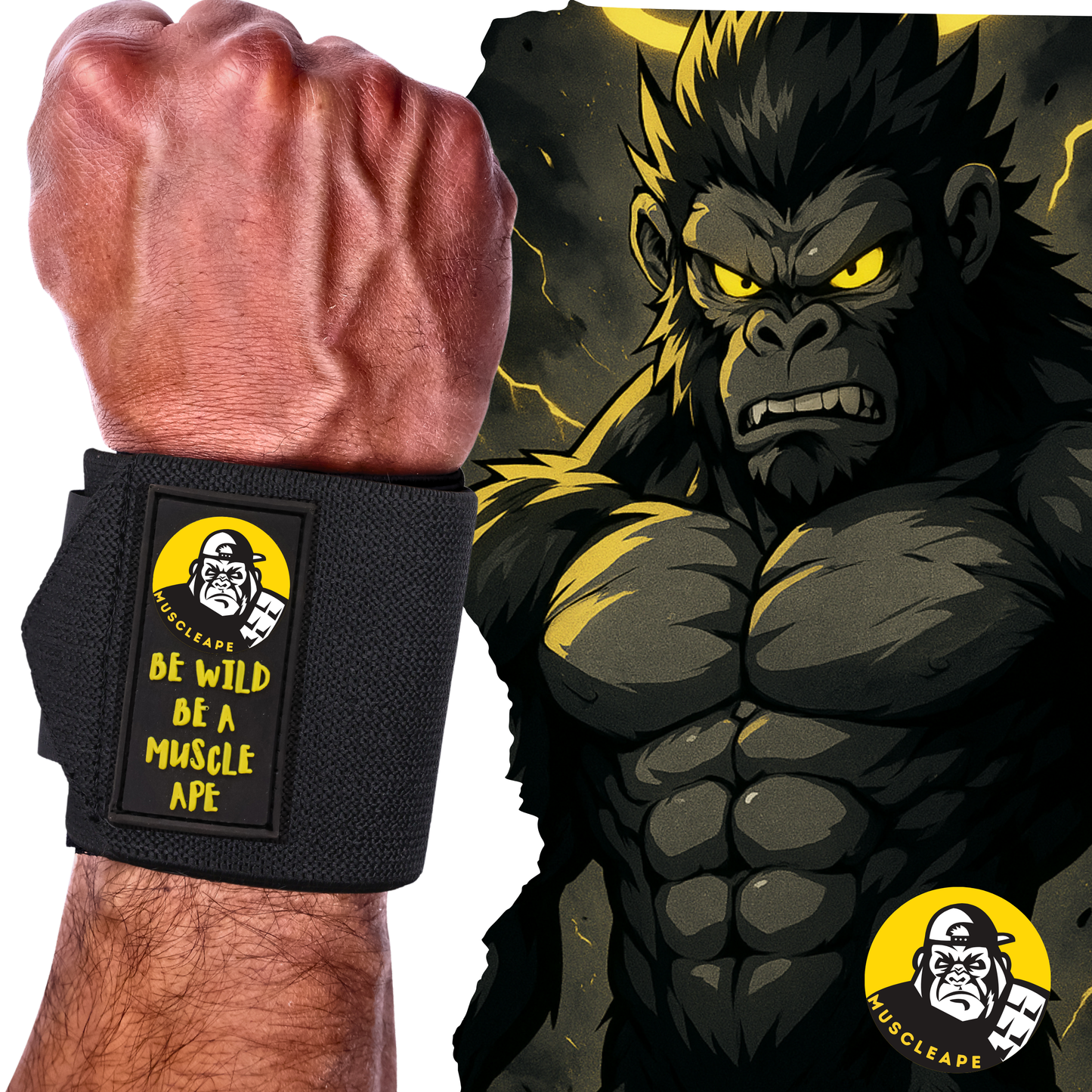 Muscleape Original Black Wrist Wraps for Weightlifting – Adjustable Gym Wrist Support with Thumb Loop– Flexible Lifting Straps for Men & Women – Powerlifting, Bench Press, CrossFit & Other Sports. | Powerlifting Wrist Support Gym | Muscleape