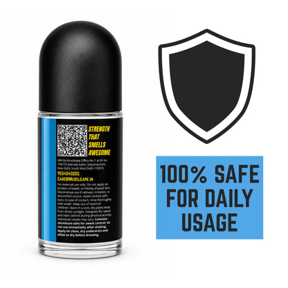 Deodorant bottle with black cap and blue label on a white background, featuring a shield icon and text about safety. Muscleape