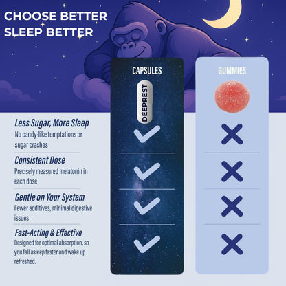 Product comparison between capsules and gummies with a gorilla illustration on a starry night background.