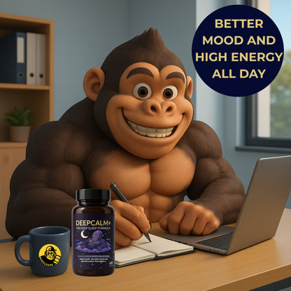 Animated gorilla at a desk with a laptop, notebook, and DeepCalm+ supplement bottle, with text about mood and energy.