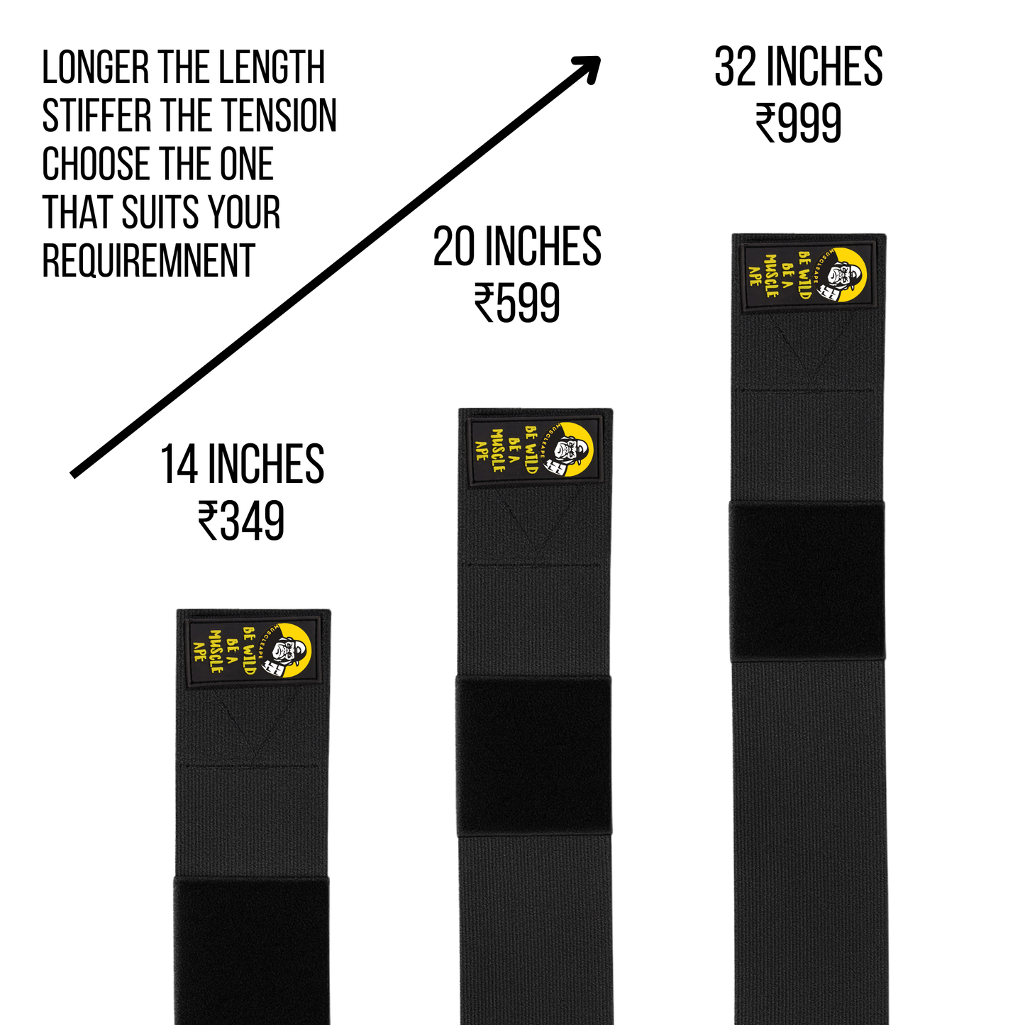 Three black tension bands shown vertically on a white background, labeled 14 inches, 20 inches, and 32 inches, with price text in Indian rupees and a black arrow pointing upward. A small yellow and black logo is visible on the top of each band.