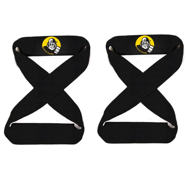Two black X-shaped straps with a logo on a white background