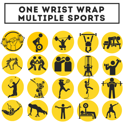 Illustrations of various sports activities on yellow circles with text 'One Wrist Wrap Multiple Sports'.