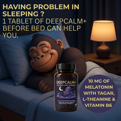Sleep aid product with a cartoon monkey on a bed, promoting deepcalm+ for better sleep.