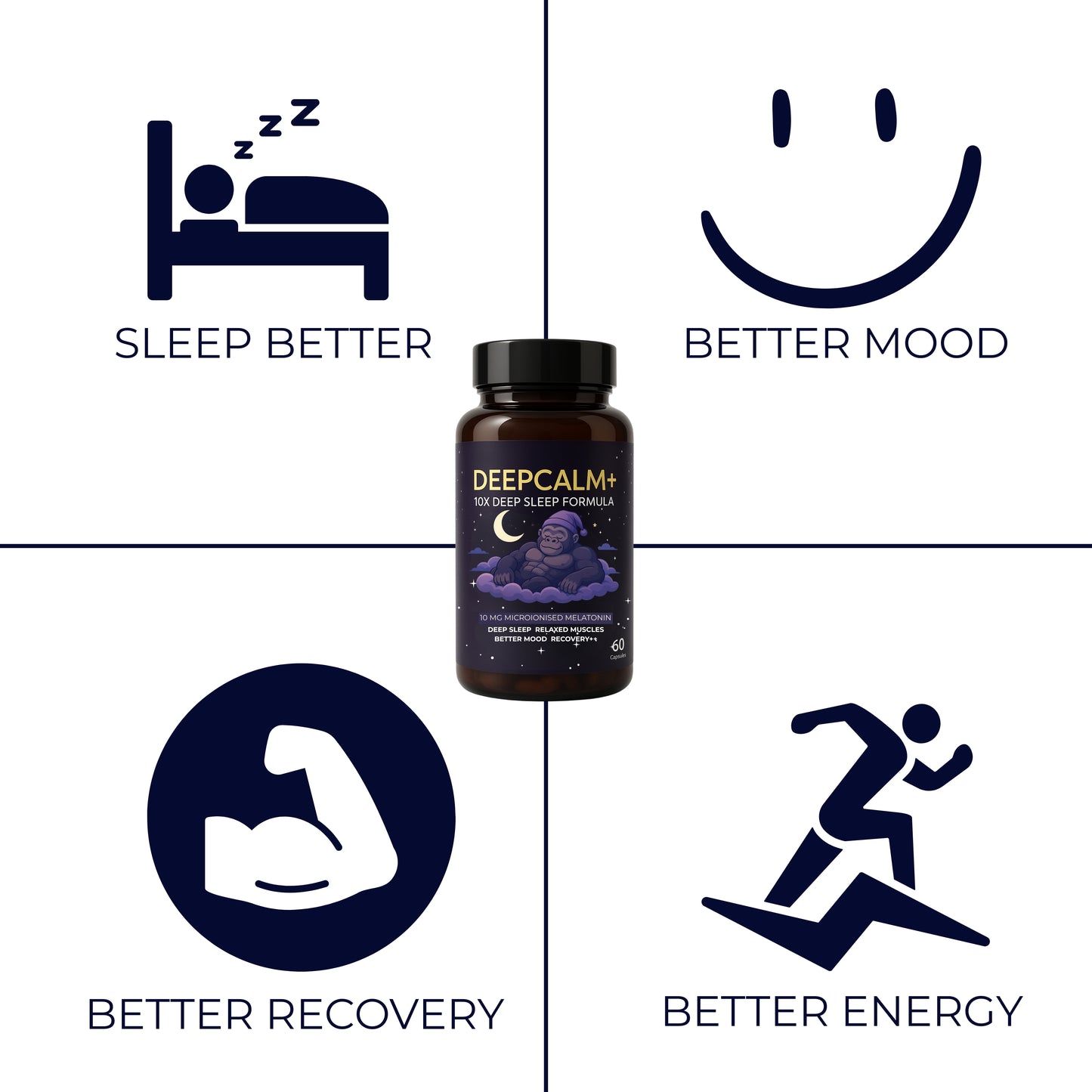 MuscleApe DEEPCALM+ 10X Deep Sleep Formula – 60 Capsules – 10 mg Microionised Melatonin + L-Theanine, Magnesium, L-Glycine & Tagar Extract – Natural Sleep Aid & Muscle Recovery Supplement