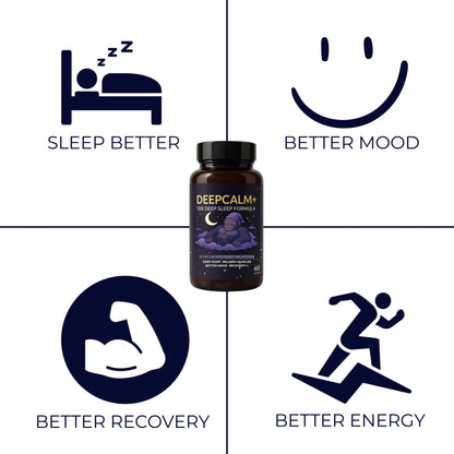 Bottle of Deepcalm+ supplement with icons indicating benefits like sleep better, better mood, better recovery, and better energy.