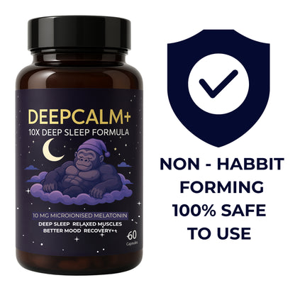 Bottle of DeepCalm+ supplement with a gorilla illustration on a white background