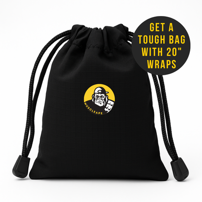 Black drawstring bag with a logo and text on a white background