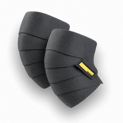 Gray knee wraps with a yellow label on a white background