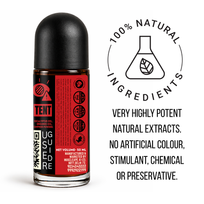 Bottle with red label and black cap on a white background, featuring '100% Natural Ingredients' text.