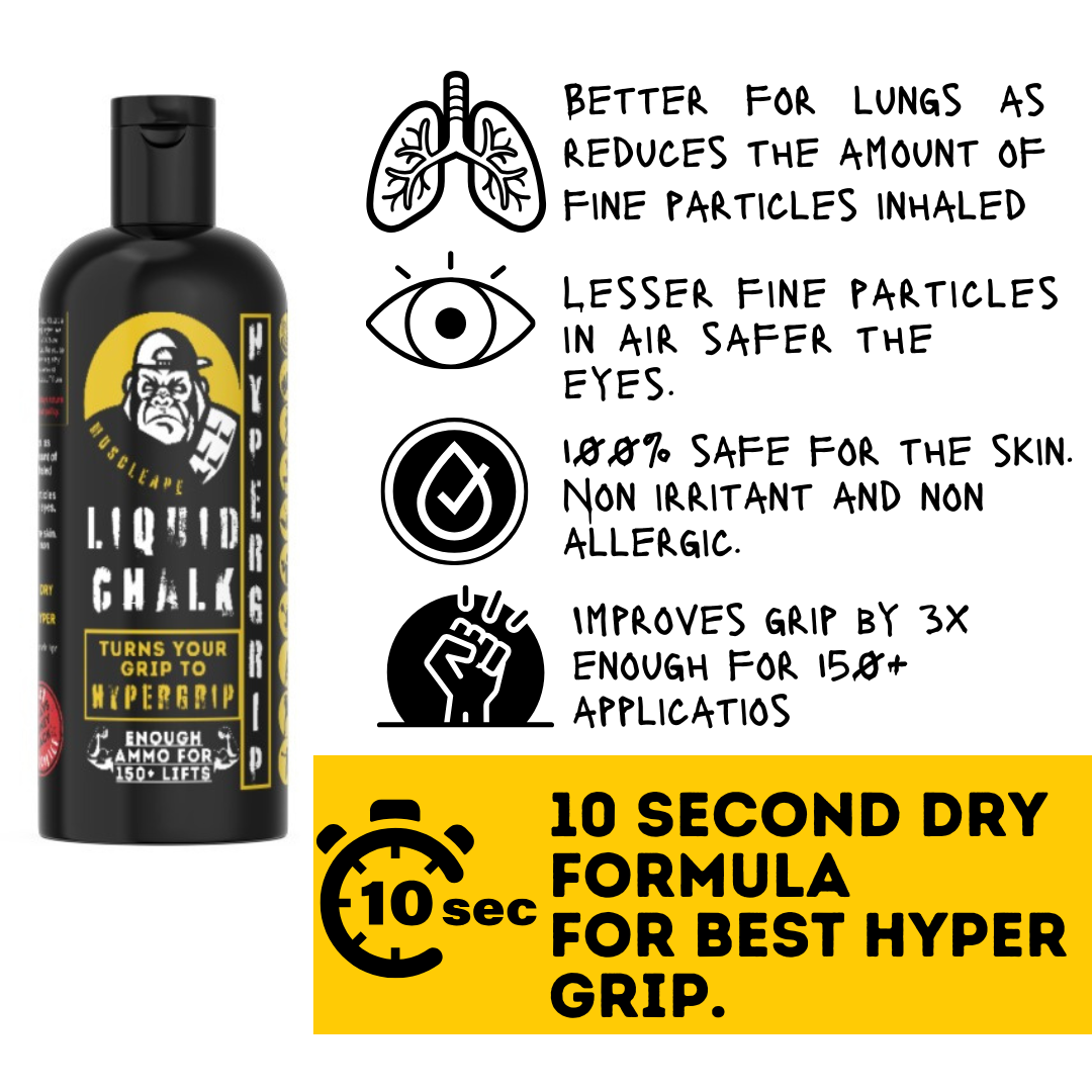 Muscleape Liquid Chalk 200ml with Wrist Wraps| Liquid Chalk for Dry Steel Like Grip| 20" Lenght 3" Widht Wraps with Wider Velcro for Heavy Lifters | Powerlifting Wrist Support Gym | Muscleape