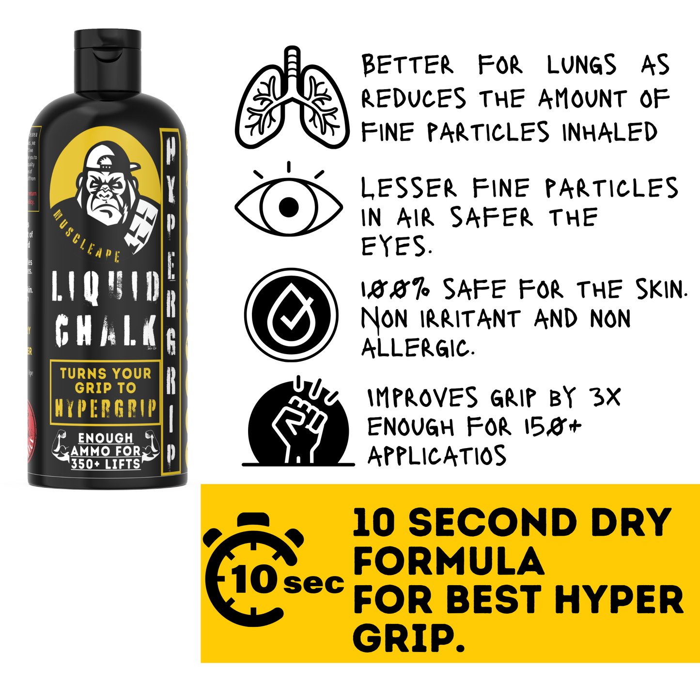 Muscleape Liquid Chalk 200Ml. Turn Your Grip Into Titanium Strength Hypergrip| Sufficient for 150+ Lifts| Best for Weightlifting, Powerlifting, Gymnastics, Calisthenics, CrossFit and Other Sports | Powerlifting | Muscleape