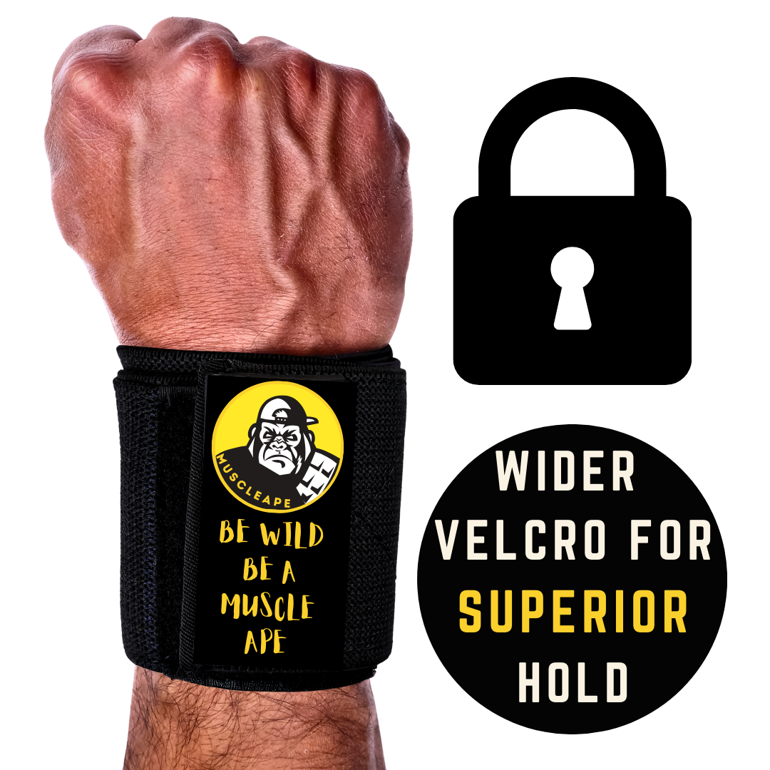 Muscleape Wrist Support Wraps for Gym Black Edition| For Powerlifters, Bodybuilders and Other Strength Athletes| 20X3 Inches with Thumb Loop | Wrist Support Gym | Muscleape