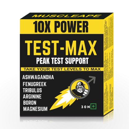 Packaging of Muscleape 10X Power Test-Max, featuringkeywords such as Ashwagandha, Fenugreek, Tribulus, Arginine, Boron, and Magnesium, indicating the supplement's benefits for test support.