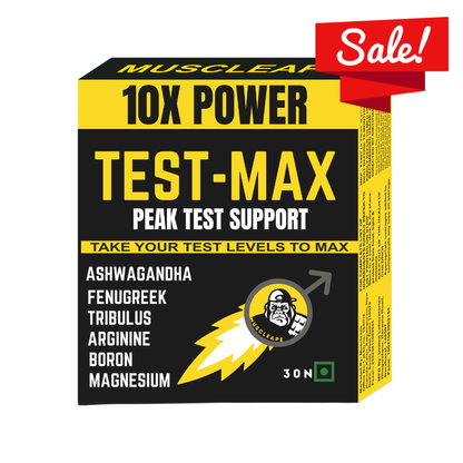 Box of Test-Max supplement with '10X Power' and 'Peak Test Support' text on a black and yellow background.