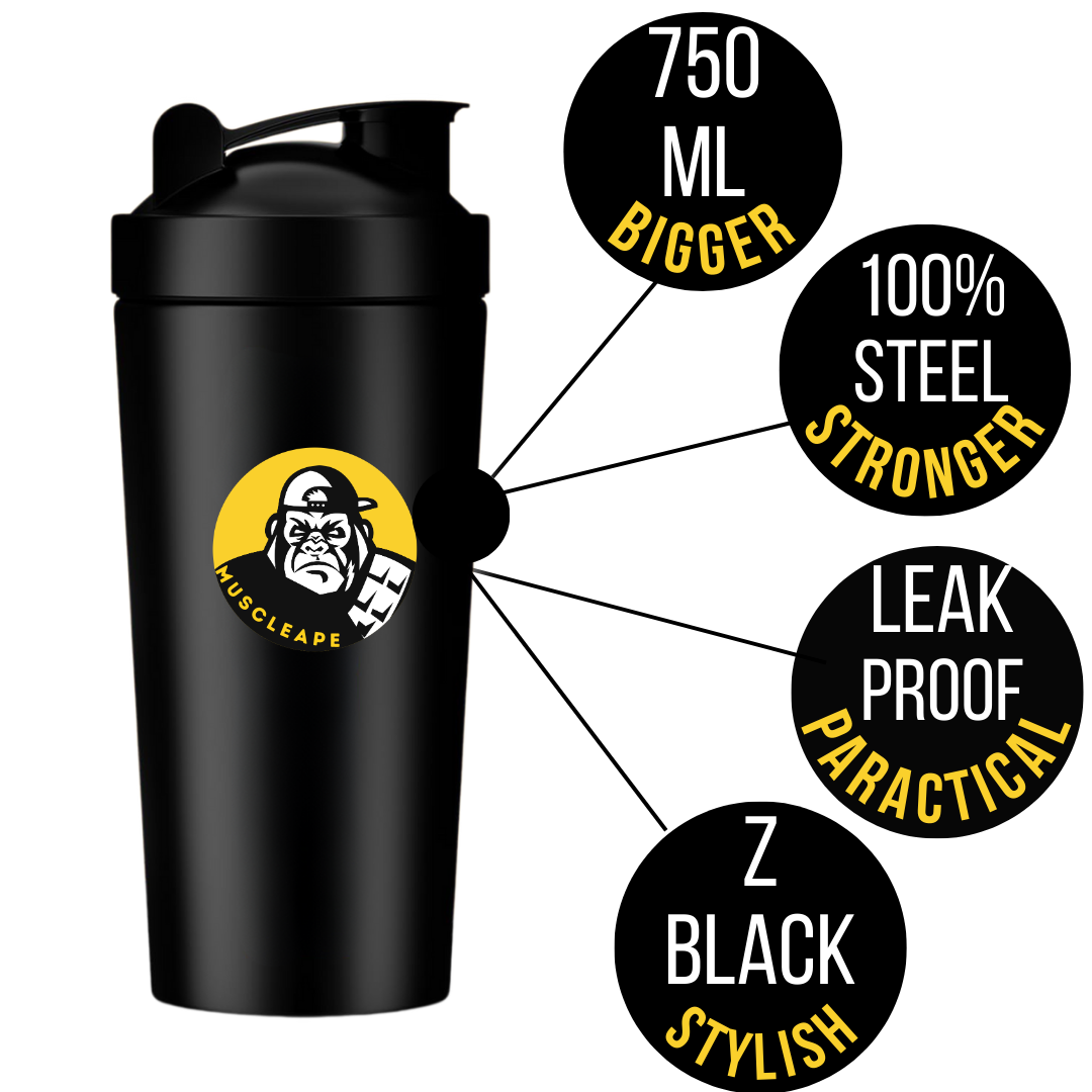 Muscleape Stainless Steel Shaker Bottles For Gym (Black) 100% Leakproof Guarantee, Ideal For Protein, Pre Workout, Bcaas & Water Bpa Free Material, 750 milliliter. | Gym | Muscleape