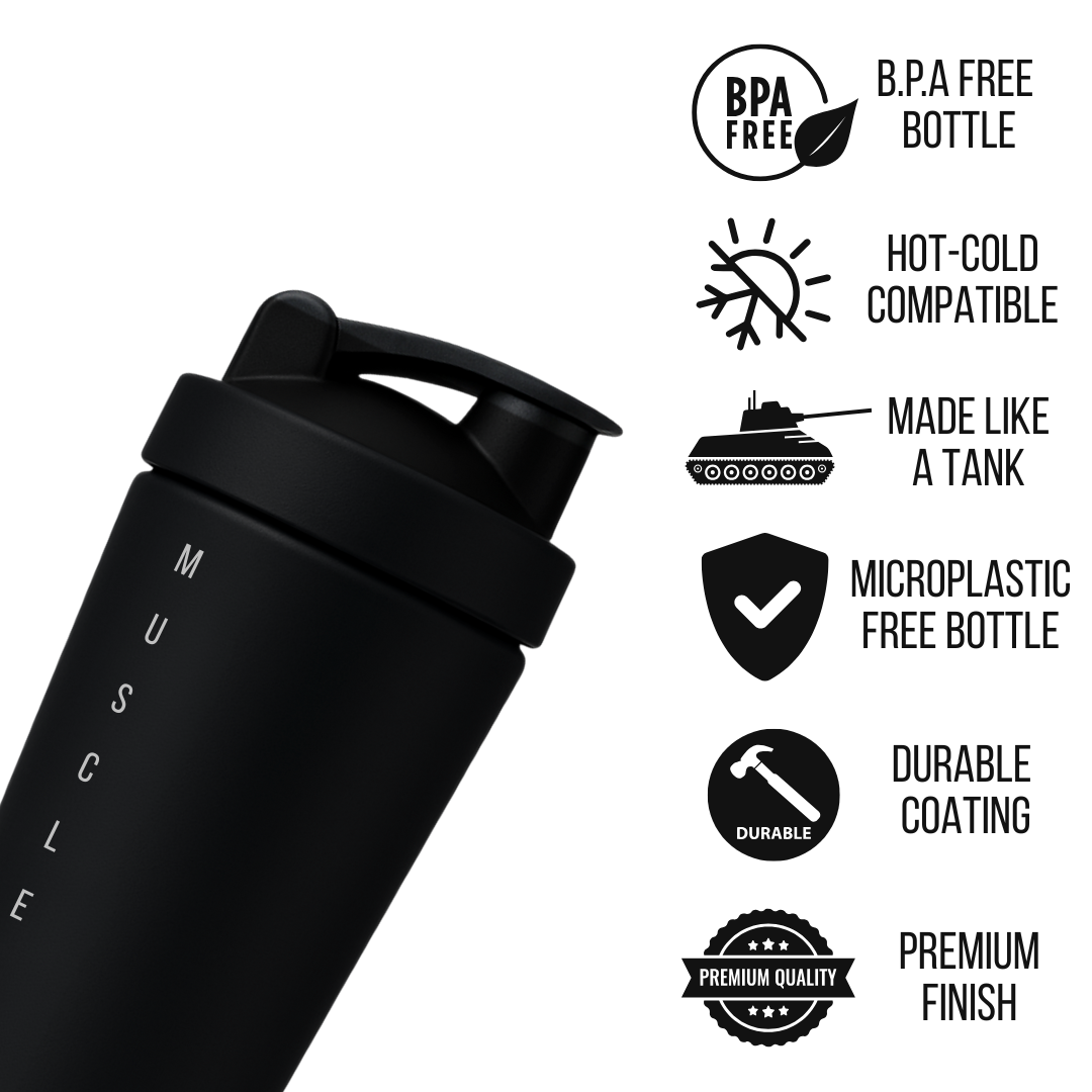 Muscleape Stainless Steel Shaker Bottle 900ml (Black) | 100% Leakproof, BPA-Free | Protein & Pre-Workout Mixer for Gym, BCAA & Water