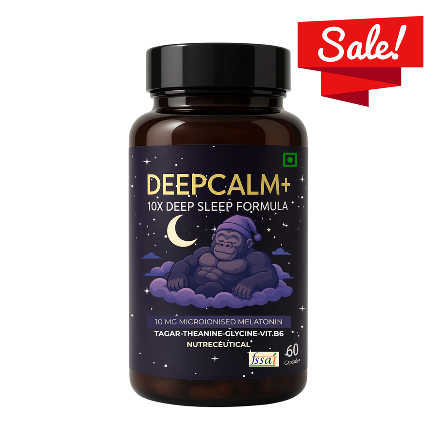 MuscleApe DeepCalm+ Sleep Supplement 60 Caps | 10mg Microionised Melatonin + L-Theanine, Magnesium, Glycine & Tagar | Recovery