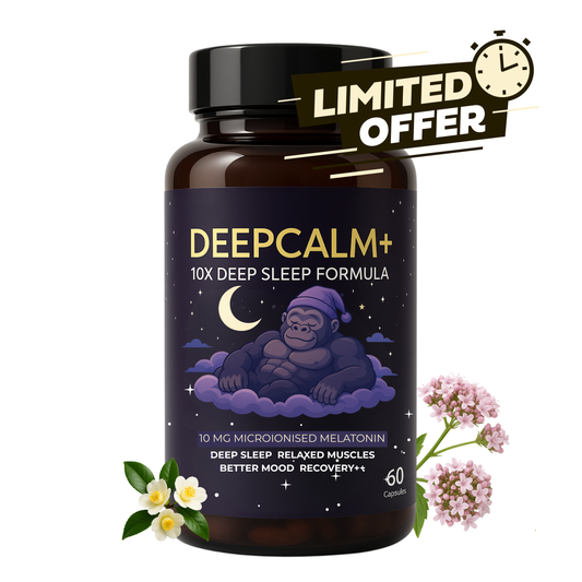 MuscleApe DEEPCALM+ 10X Deep Sleep Formula – 60 Capsules – 10 mg Microionised Melatonin + L-Theanine, Magnesium, L-Glycine & Tagar Extract – Natural Sleep Aid & Muscle Recovery Supplement