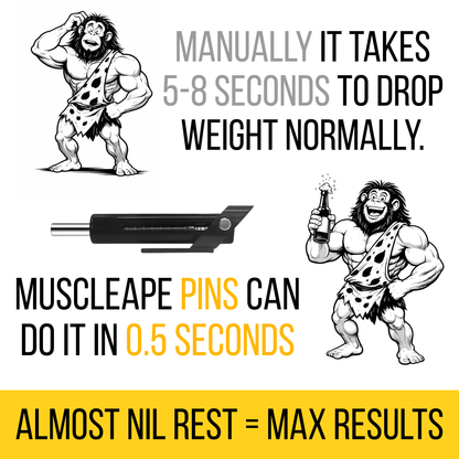 Comic-style illustration with text about muscle gain and a product called Muscleape dropset Pins.