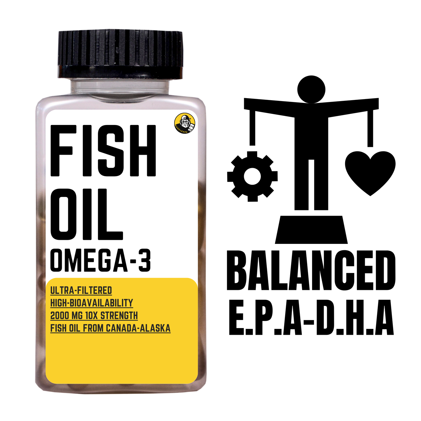 Muscleape Omega-3 Fish Oil 200 mg – Heart, Joint & Brain Support | Triple Strength EPA & DHA Softgels.| Cold Water Sardines From Alaska | 2000 Mg Super Strength Omega 3. Super Strength, Ultra Filtered & Heavy Metal Free (360mg EPA & 240mg DHA)