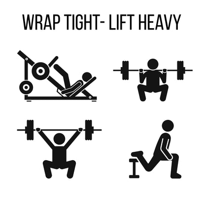 Black and white illustrations of people performing various exercises with weights, accompanied by the text 'Wrap Tight - Lift Heavy'.