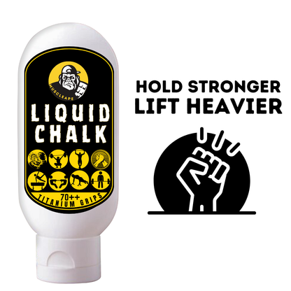 White bottle of liquid chalk with black label on a white background, featuring text 'Hold Stronger Lift Heavier'.