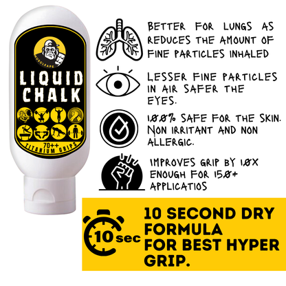 Liquid chalk bottle with safety and feature information on a white background