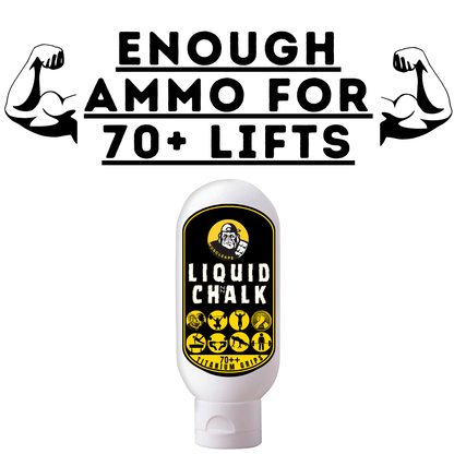 Bottle of liquid chalk with text 'Enough Ammo for 70+ Lifts' on a white background