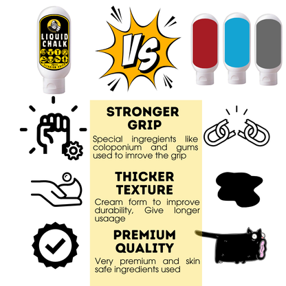 Promotional graphic for liquid chalk with features like stronger grip, thicker texture, and premium quality.